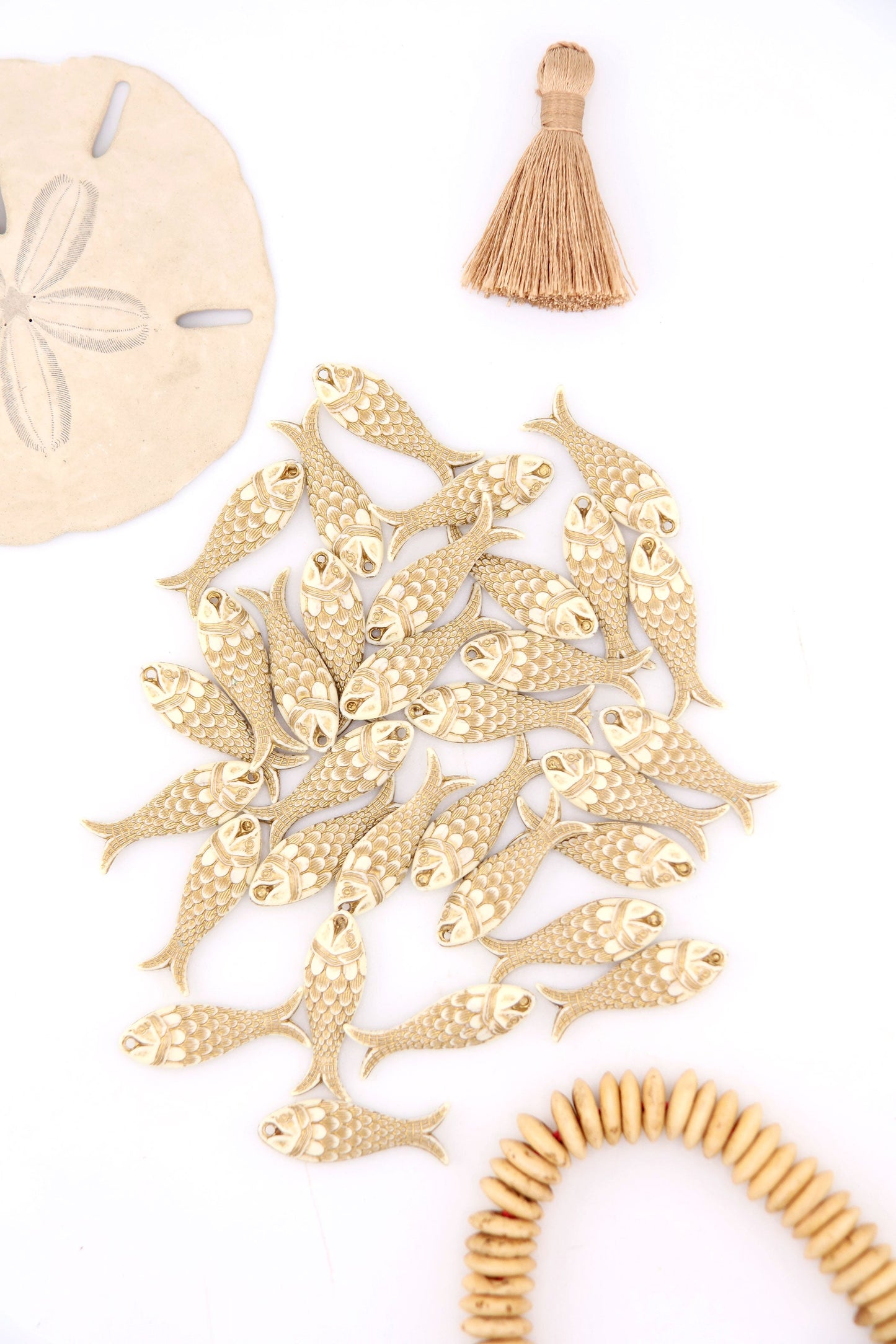 Golden Cream Fish Beach Charm, German Resin Amulet, 28mm, 1 Pendant