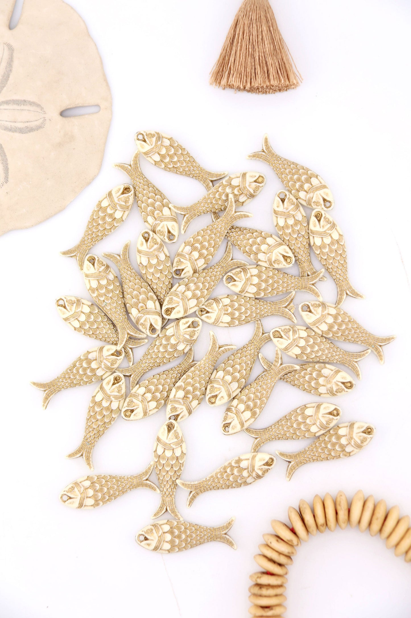 Golden Cream Fish Beach Charm, German Resin Amulet, 28mm, 1 Pendant