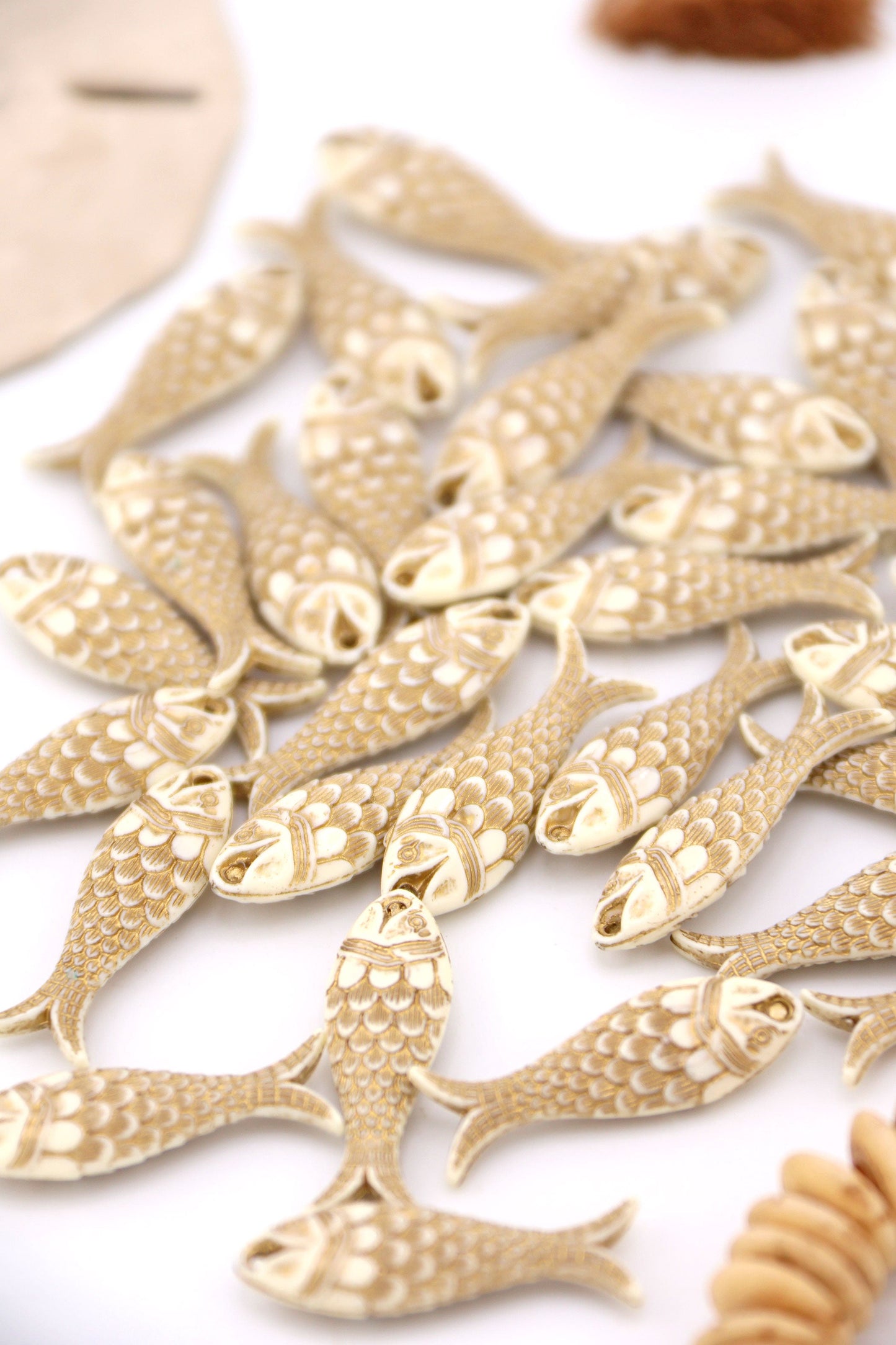 Golden Cream Fish Beach Charm, German Resin Amulet, 28mm, 1 Pendant