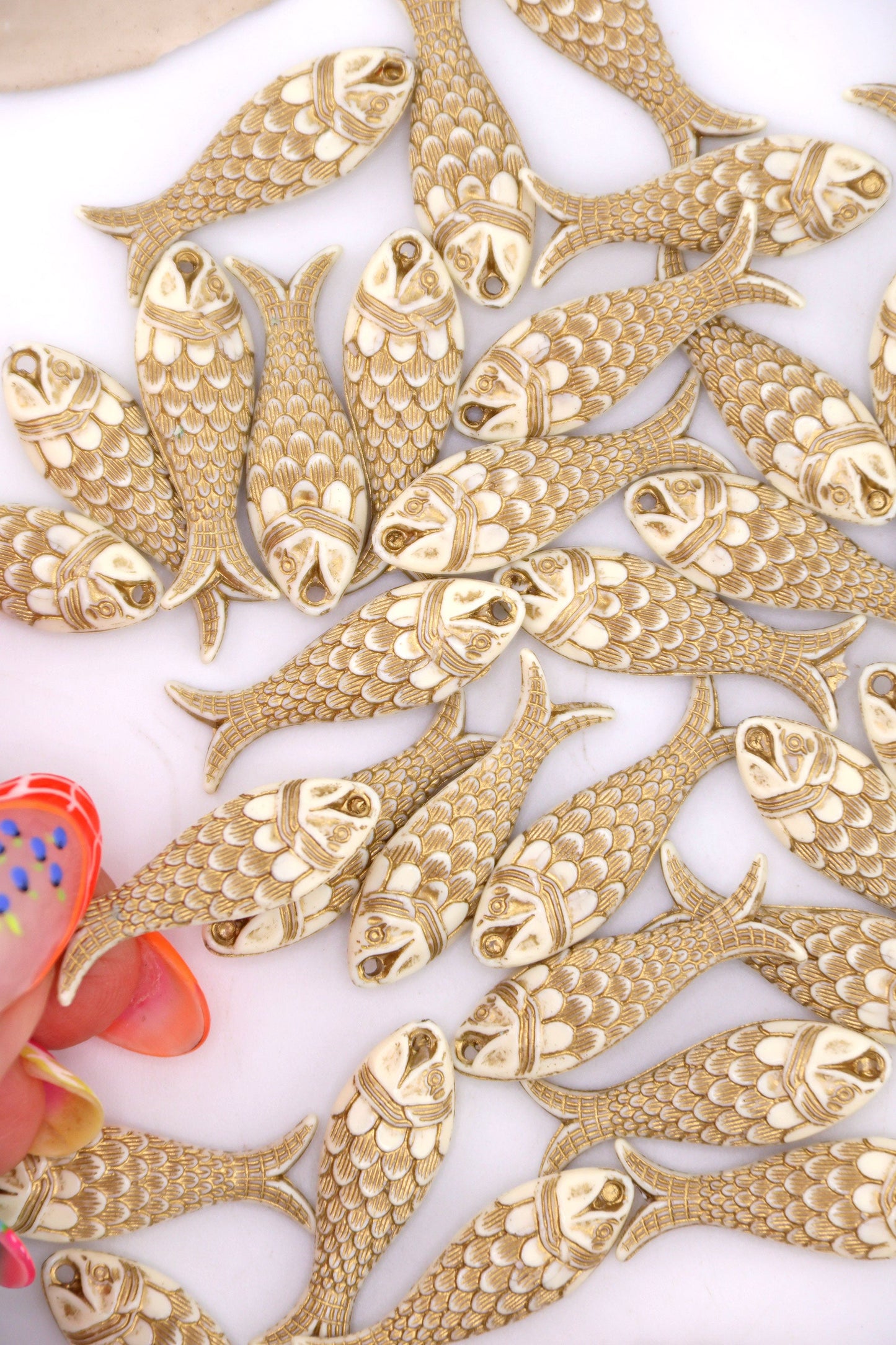 Golden Cream Fish Beach Charm, German Resin Amulet, 28mm, 1 Pendant