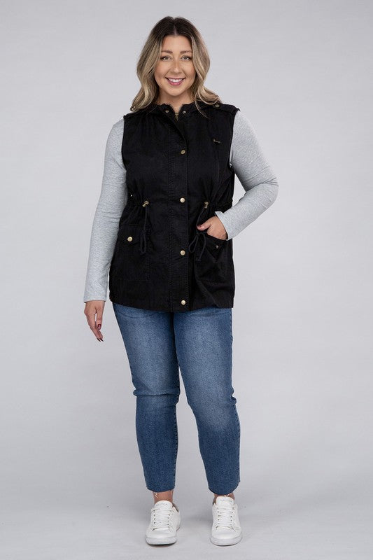 Drawstring Waist Military Hoodie Vest (Plus Sizes)
