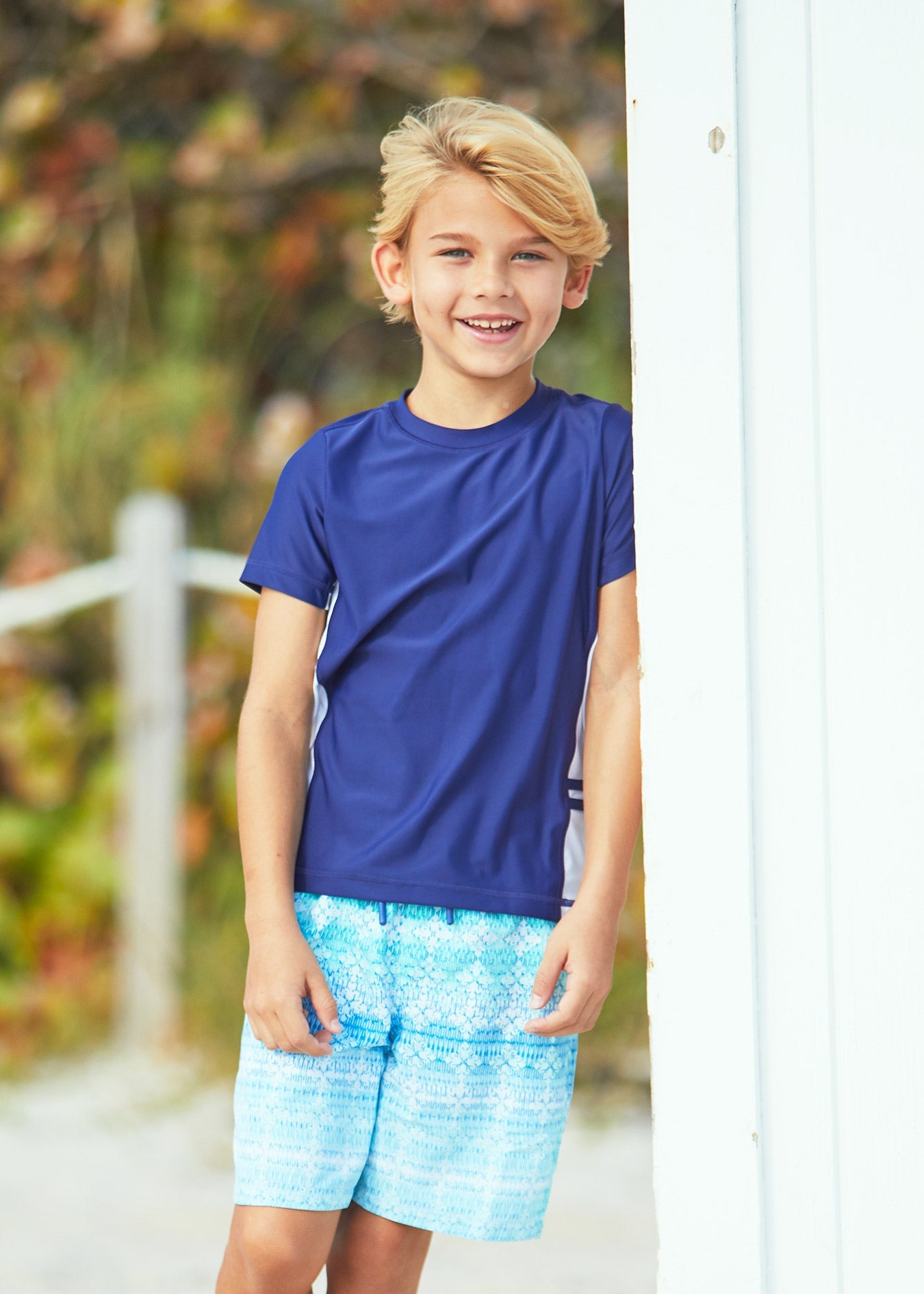 Boys Navy Side Stripe Short Sleeve Rashguard