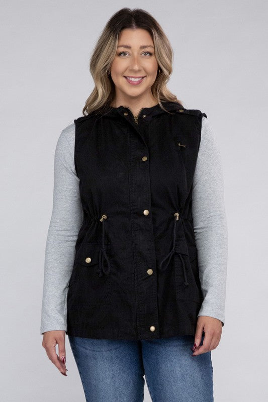 Drawstring Waist Military Hoodie Vest (Plus Sizes)