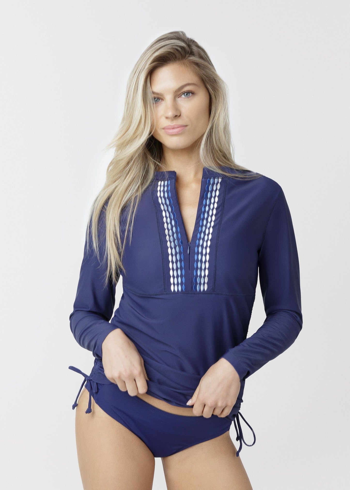 Navy Embroidered Convertible Ruched Rashguard