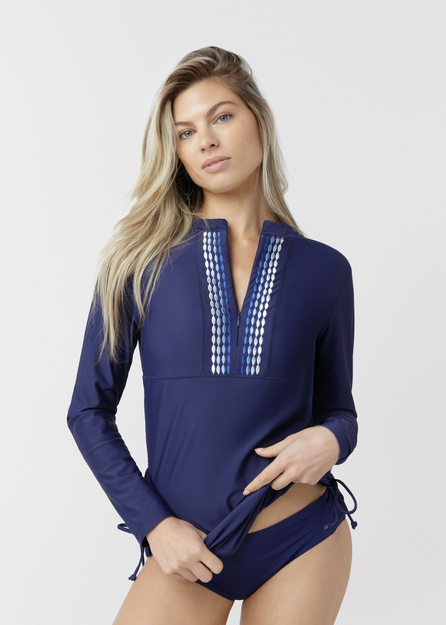 Navy Embroidered Convertible Ruched Rashguard