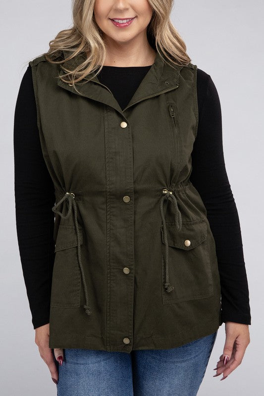 Drawstring Waist Military Hoodie Vest (Plus Sizes)