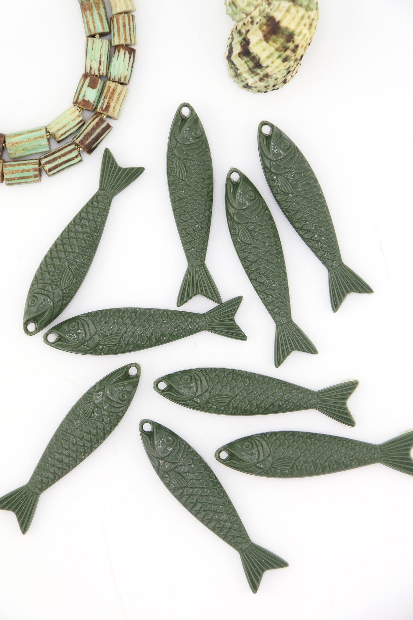 Army Green Fish Beach Charm, German Resin Amulet, 48mm, 1 Pendant