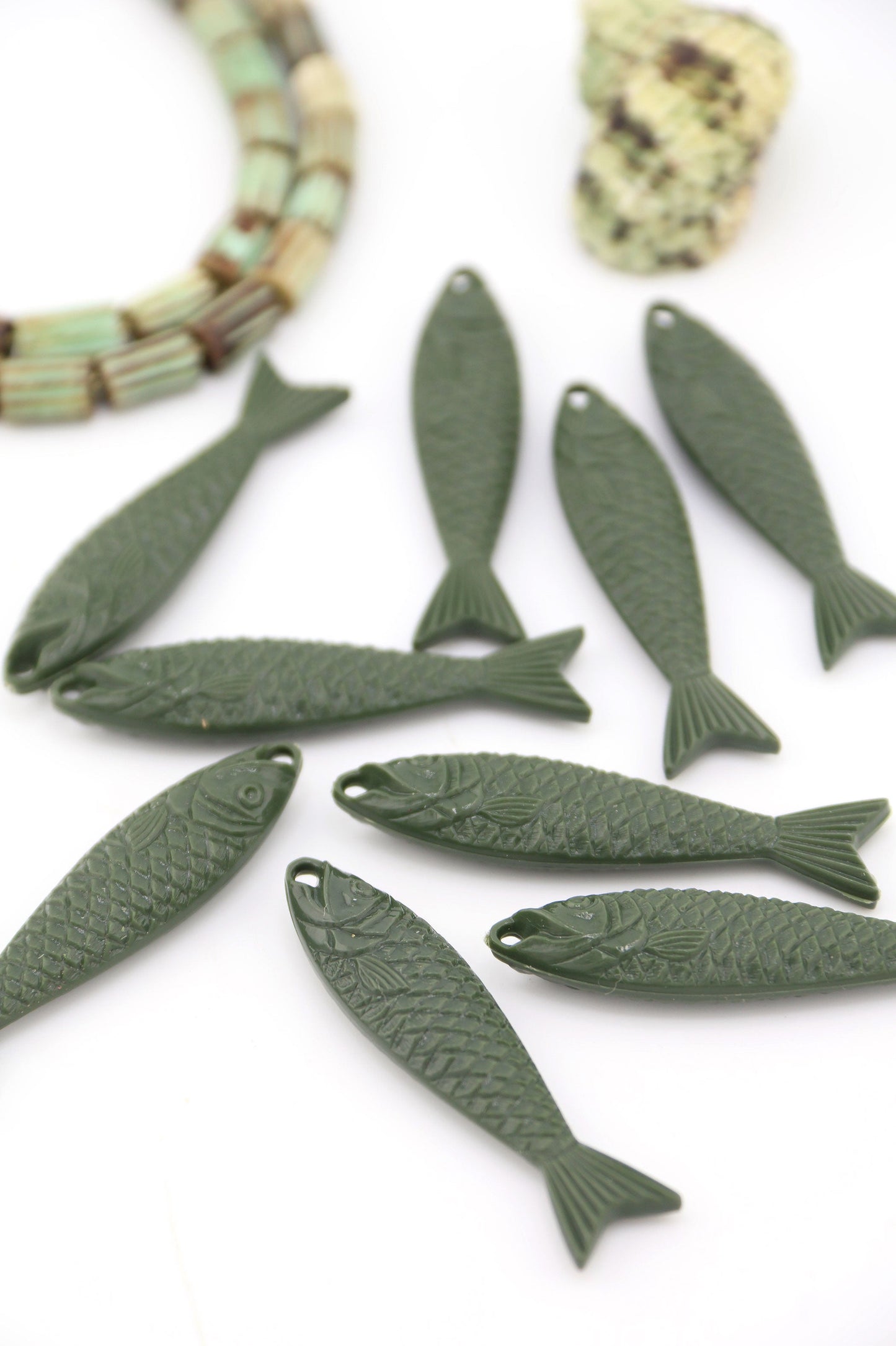 Army Green Fish Beach Charm, German Resin Amulet, 48mm, 1 Pendant