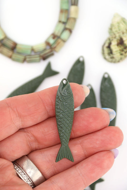 Army Green Fish Beach Charm, German Resin Amulet, 48mm, 1 Pendant