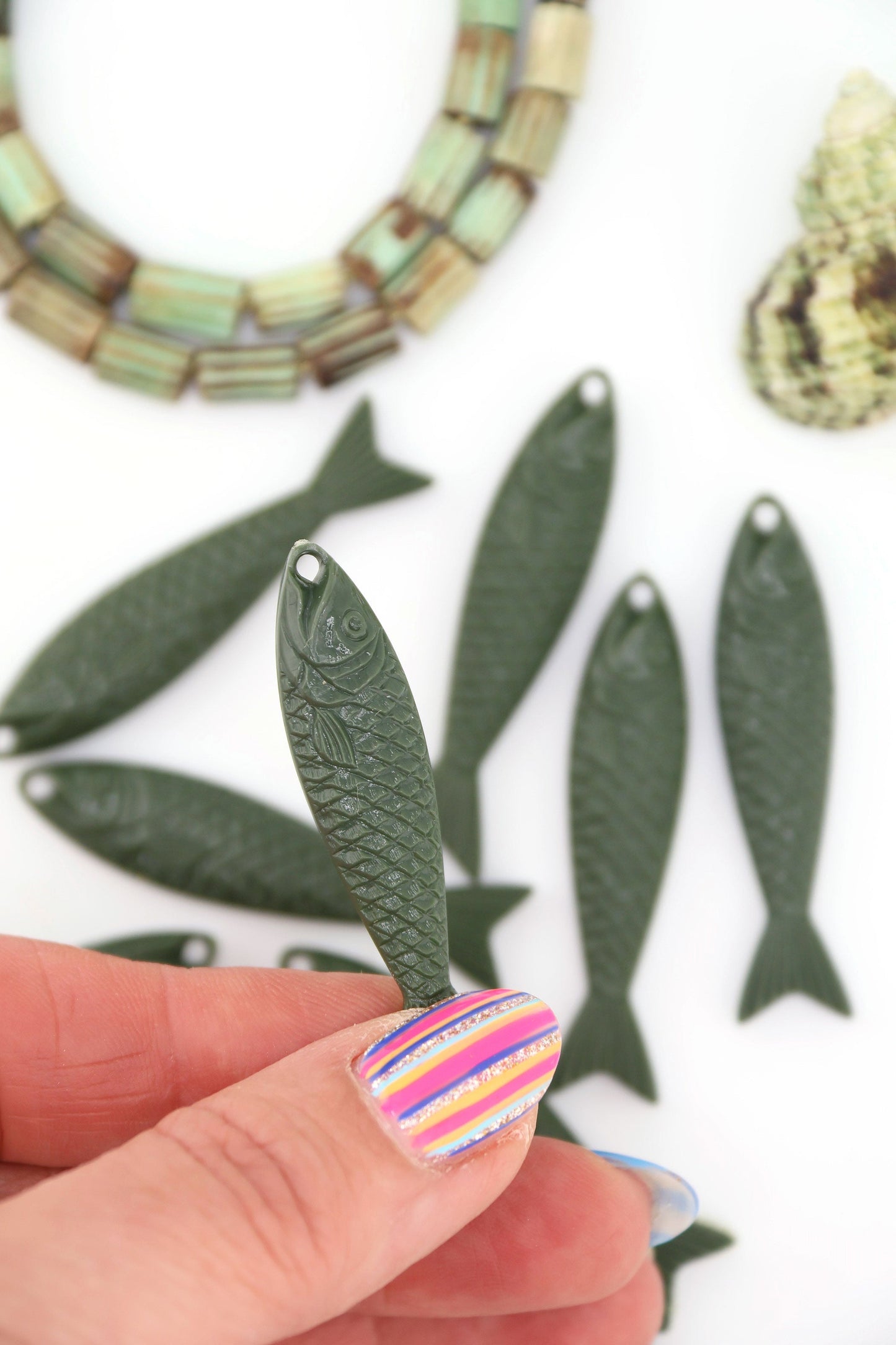 Army Green Fish Beach Charm, German Resin Amulet, 48mm, 1 Pendant