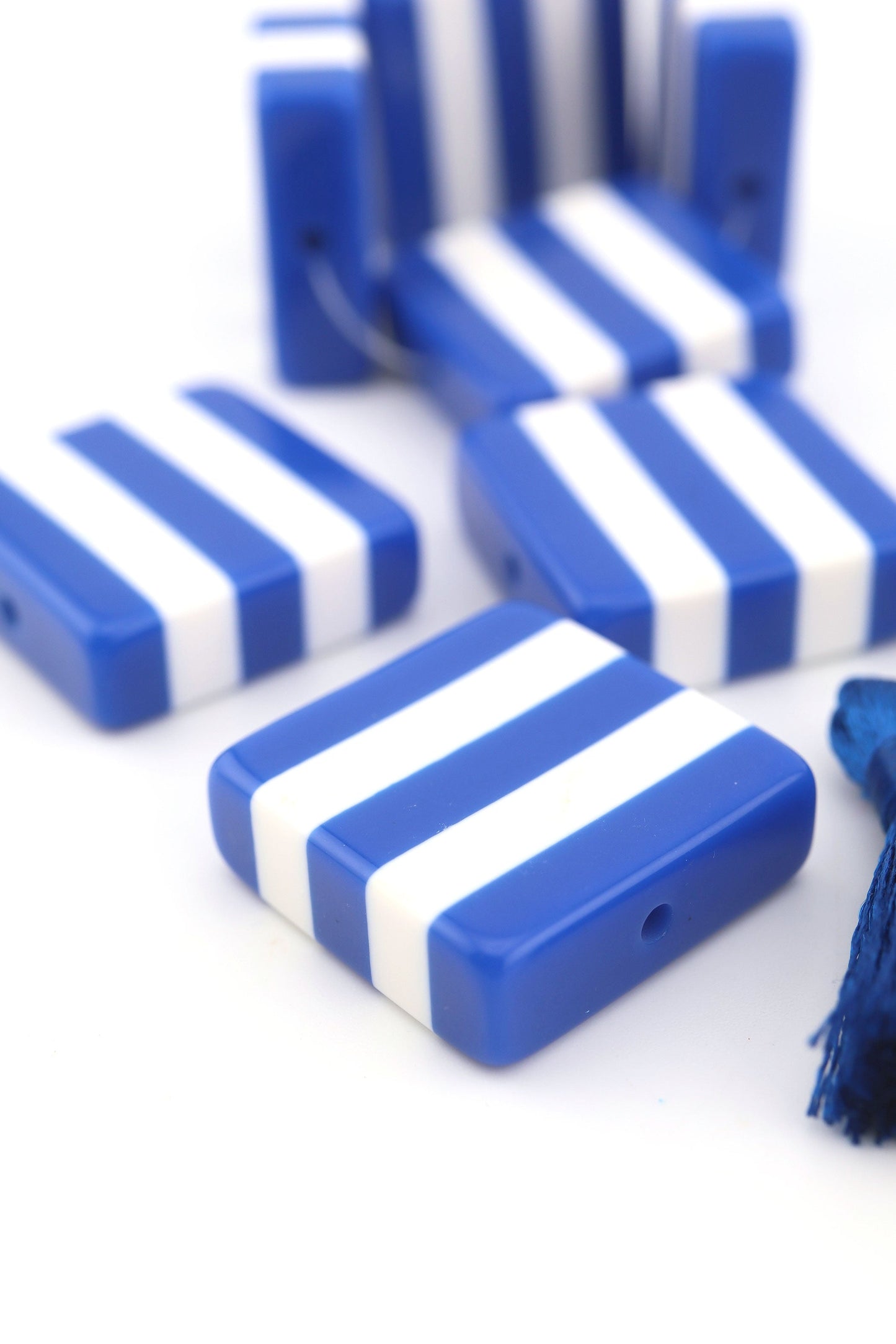 Beach Towel Stripe Blue & White Italian Poly Resin Square Bead, 25mm, 1 Bead