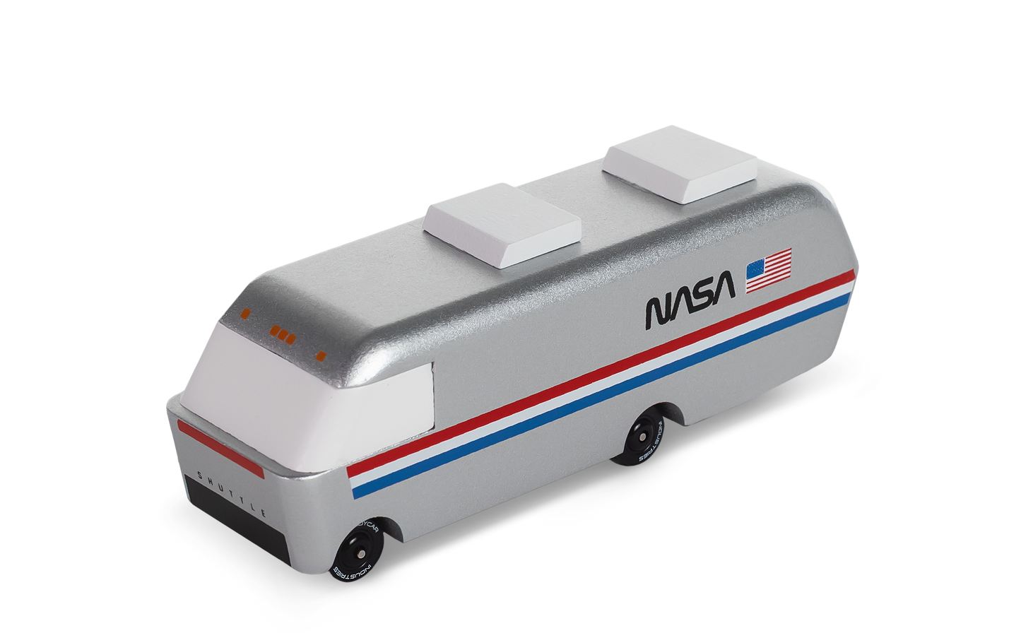 Model of a NASA vehicle with the American flag on a white background