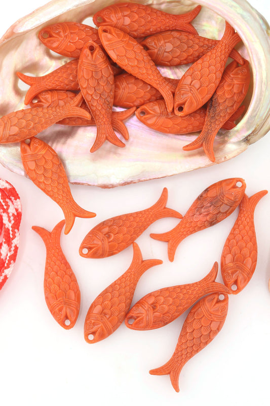 Coral Red Fish Charm, German Resin, 27mm, 1 Pendant
