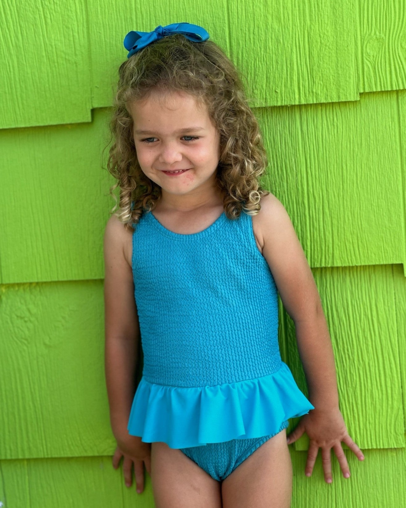 Mini Ruffle Girls Skirted Swimsuit in Azure