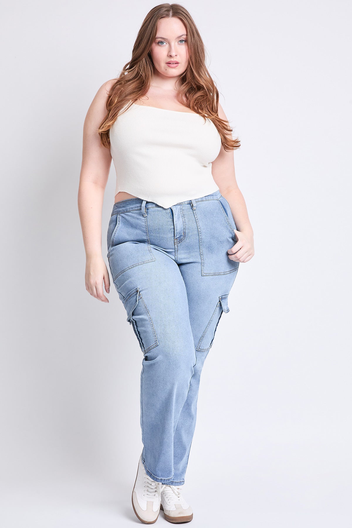 Women's Plus High Rise Elastic Waist Cargo Straight Leg Jeans