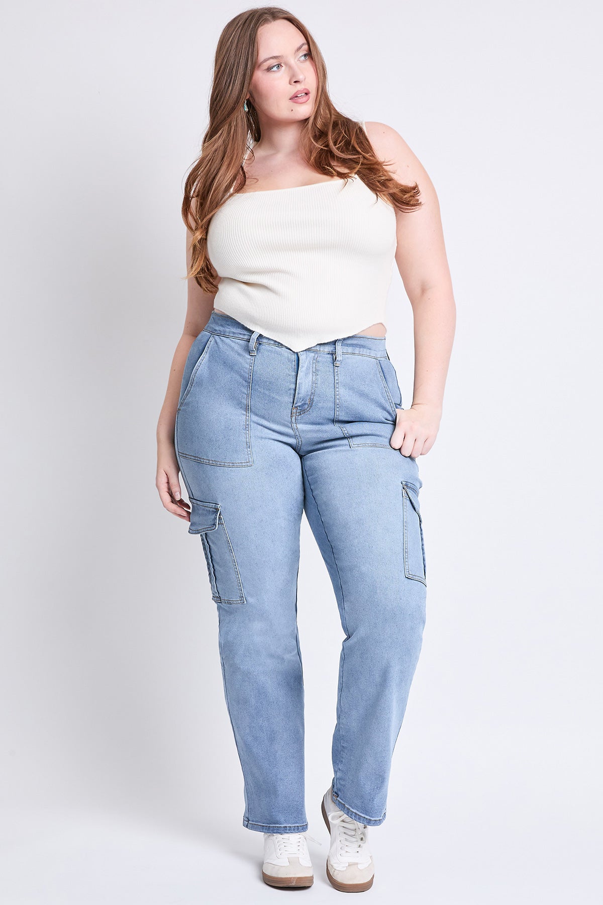 Women's Plus High Rise Elastic Waist Cargo Straight Leg Jeans
