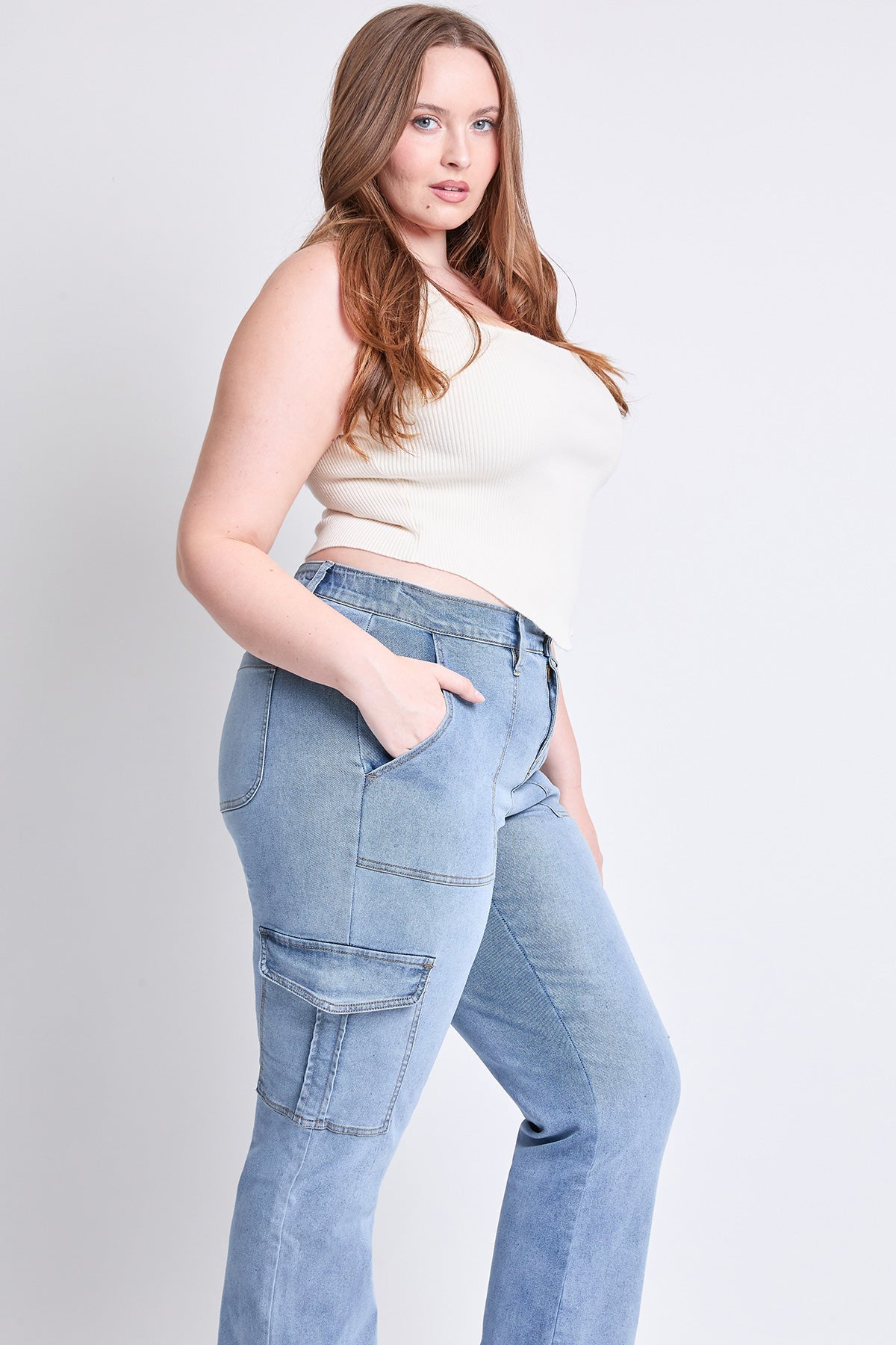 Women's Plus High Rise Elastic Waist Cargo Straight Leg Jeans