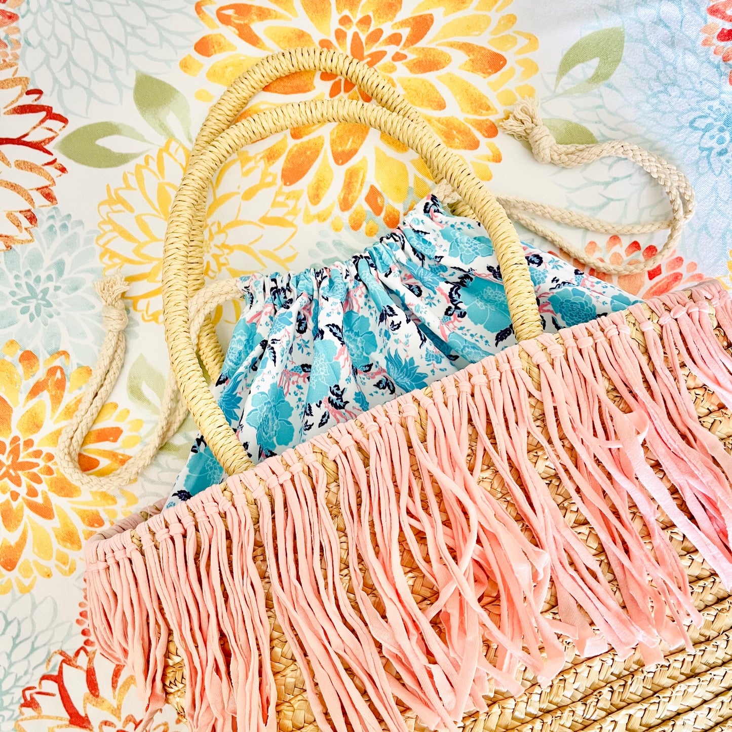Maya Pink Fringe Cinch Top Straw Bag