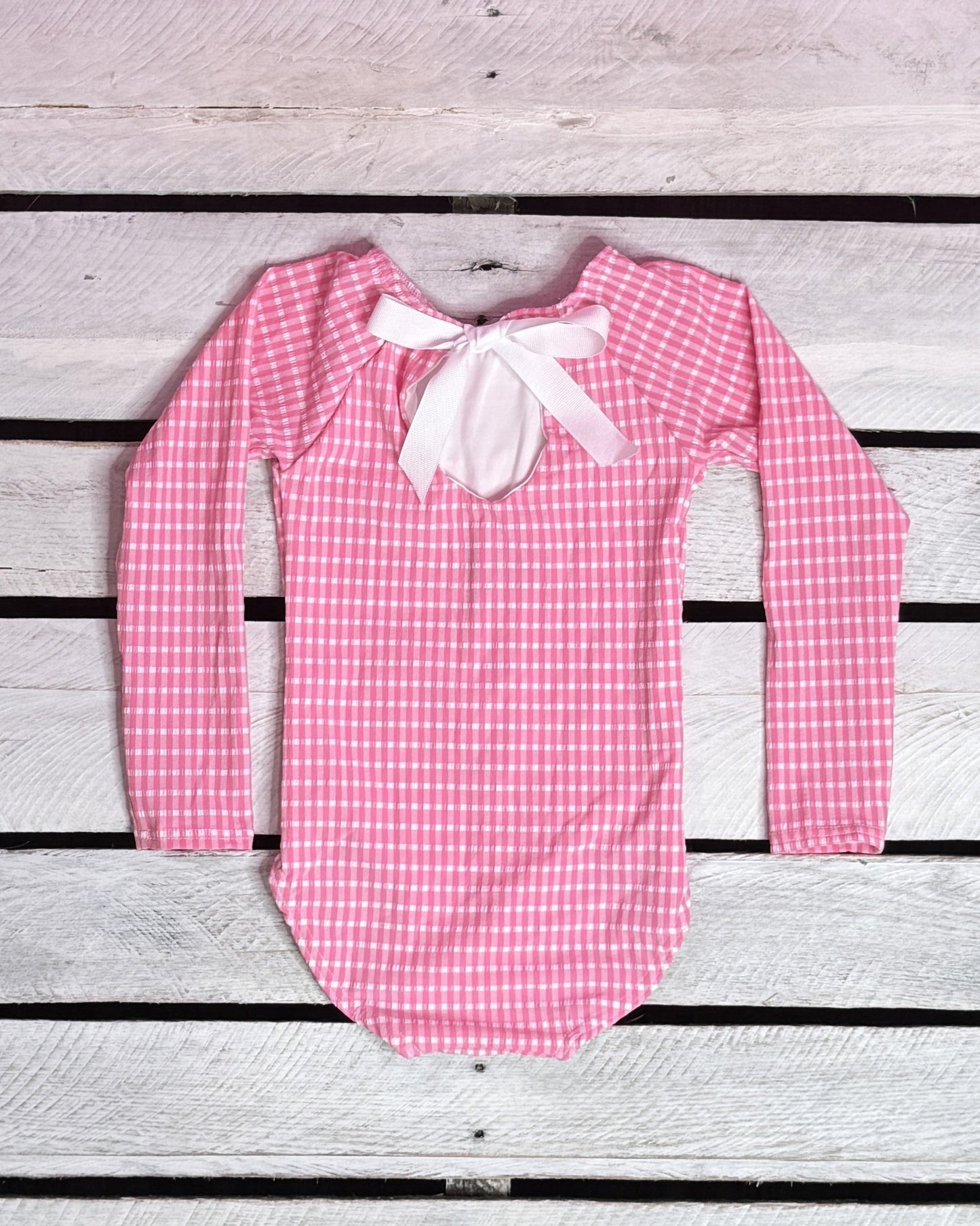 Textured Gingham Girls Long Sleeve with Bow Back