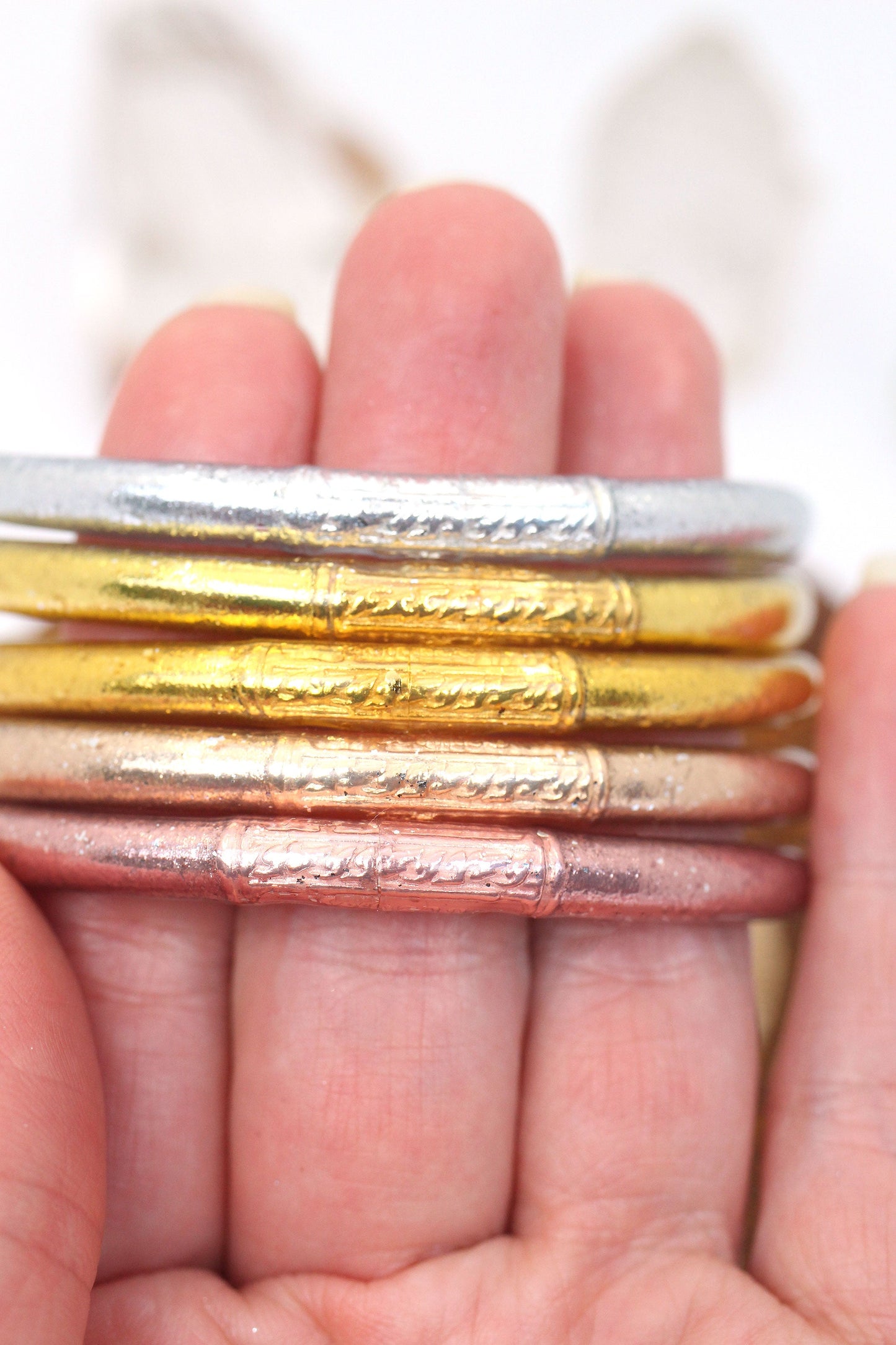 Mixed Metal Bangle Stack, Thai Buddhist Temple Bracelets, Mantra Bangle Set, Sizes Available