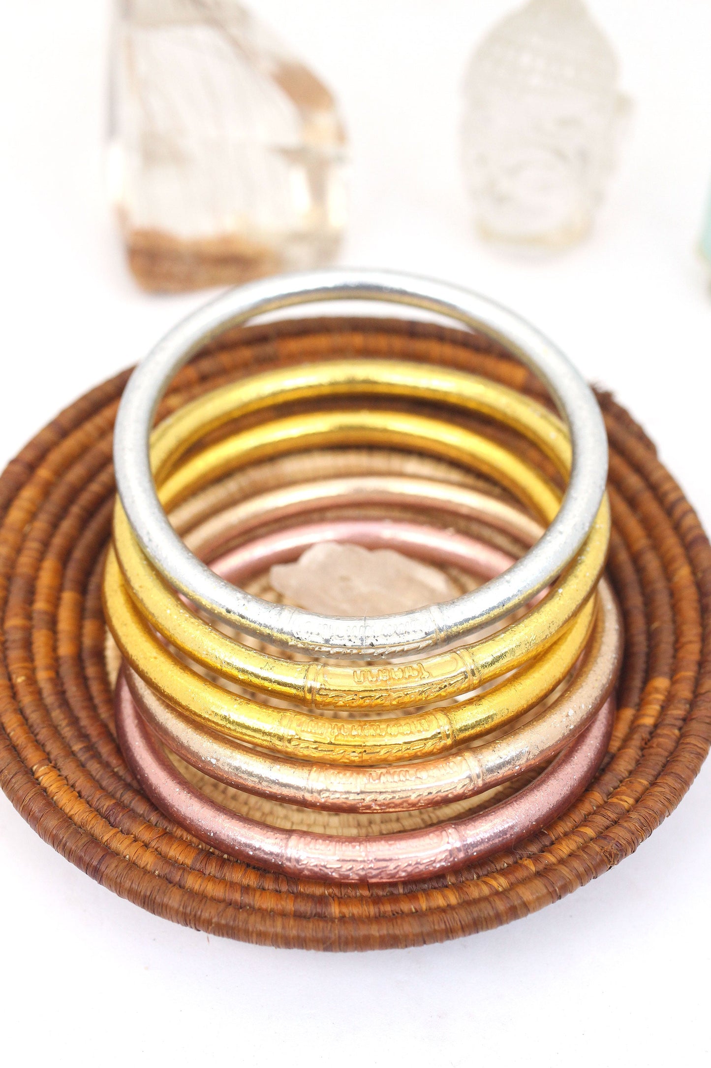 Mixed Metal Bangle Stack, Thai Buddhist Temple Bracelets, Mantra Bangle Set, Sizes Available