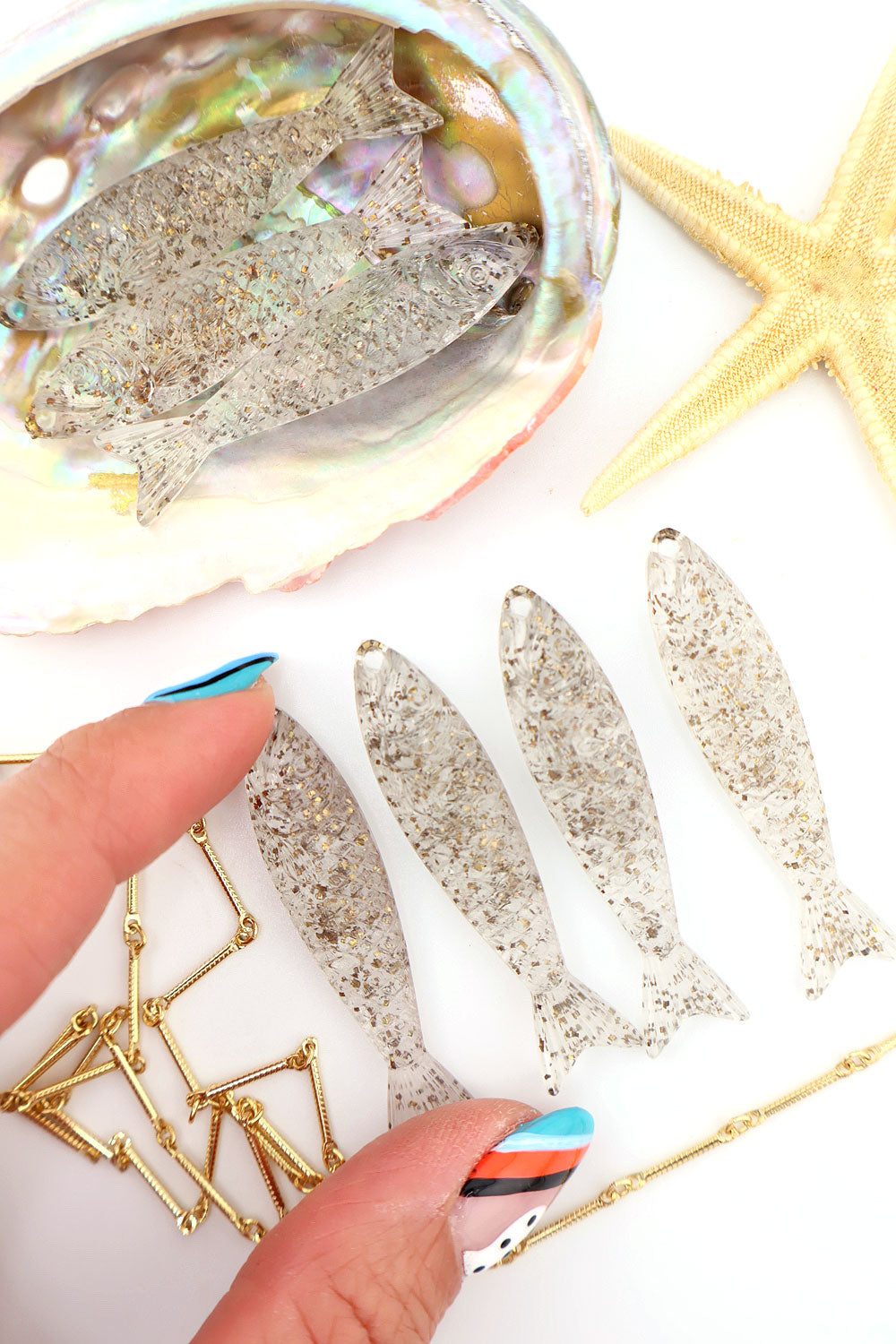 Clear with Glitter Fish Beach Charm, German Resin Amulet, 2", 1 Pendant