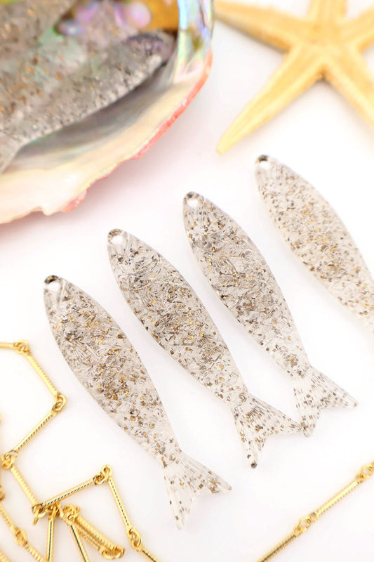 Clear with Glitter Fish Beach Charm, German Resin Amulet, 2", 1 Pendant