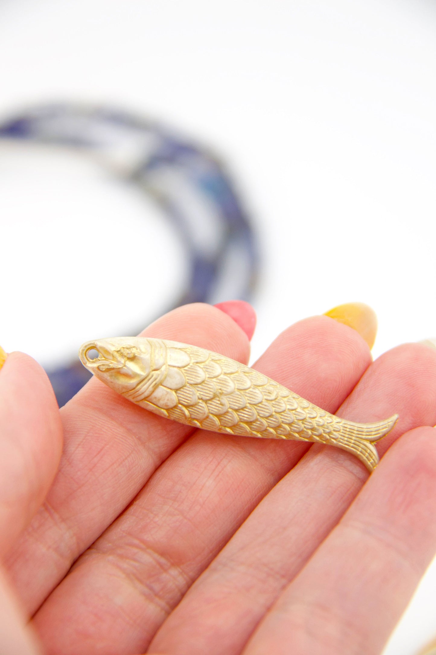Golden Cream Fish Beach Charm, German Resin Amulet, 48mm, 1 Pendant