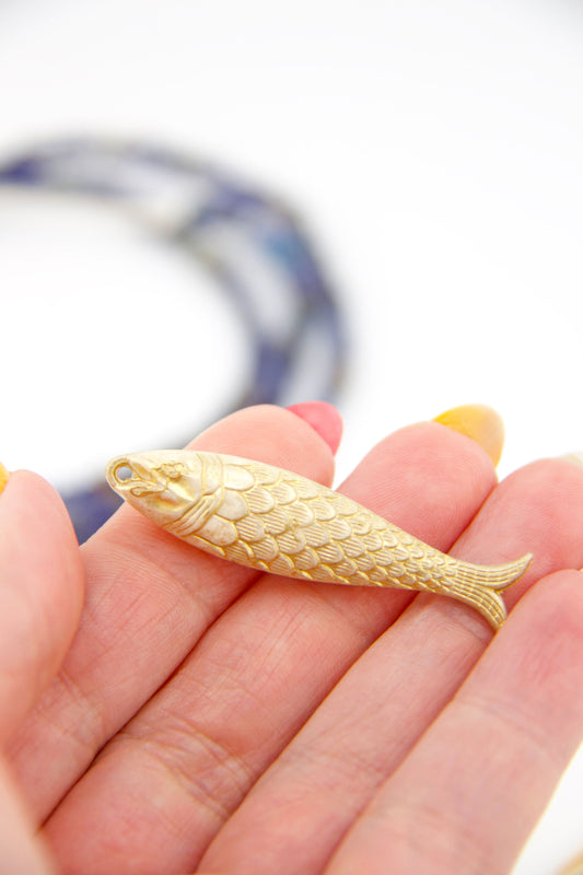 Golden Cream Fish Beach Charm, German Resin Amulet, 48mm, 1 Pendant