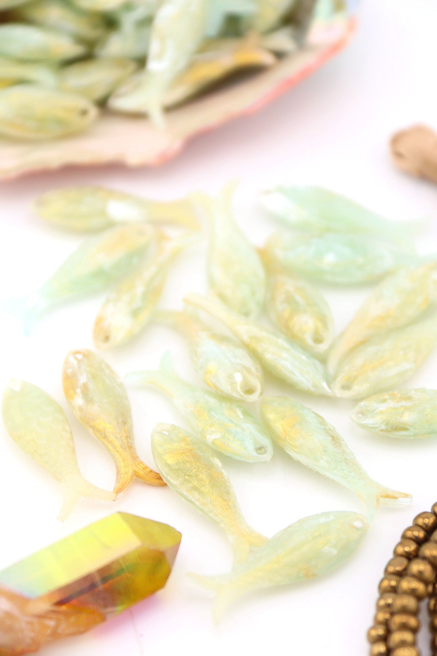 Golden Sage Fish Charm, German Resin, 27mm, 1 Pendant