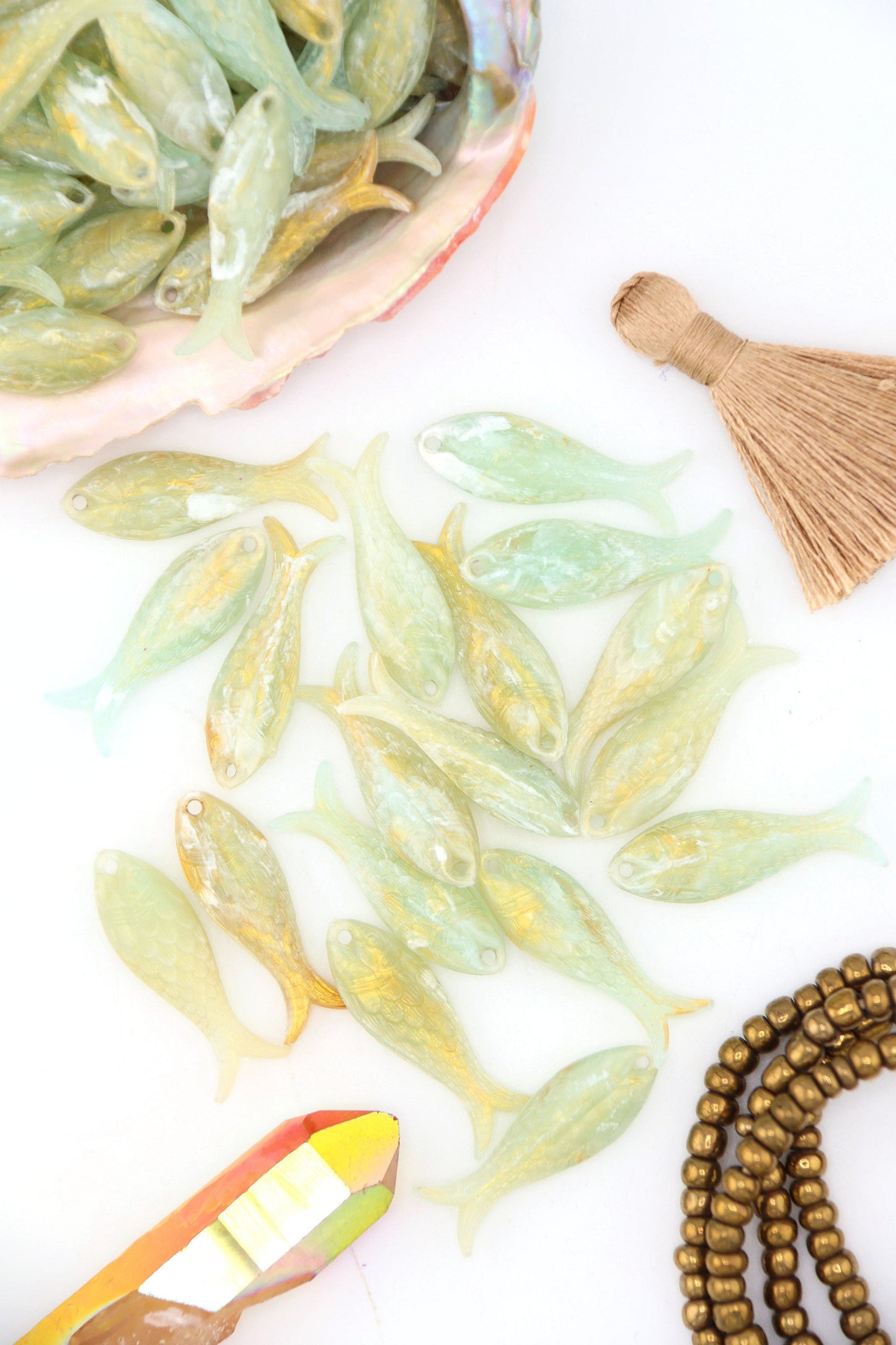 Golden Sage Fish Charm, German Resin, 27mm, 1 Pendant