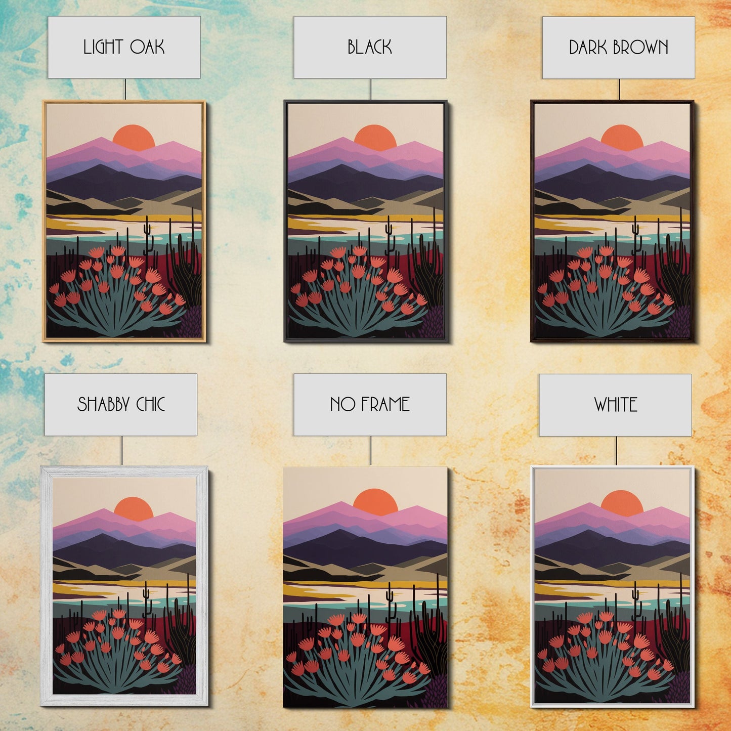 Boho Style Mountain Landscape, Minimalist Art, Sunset Over The Mountains