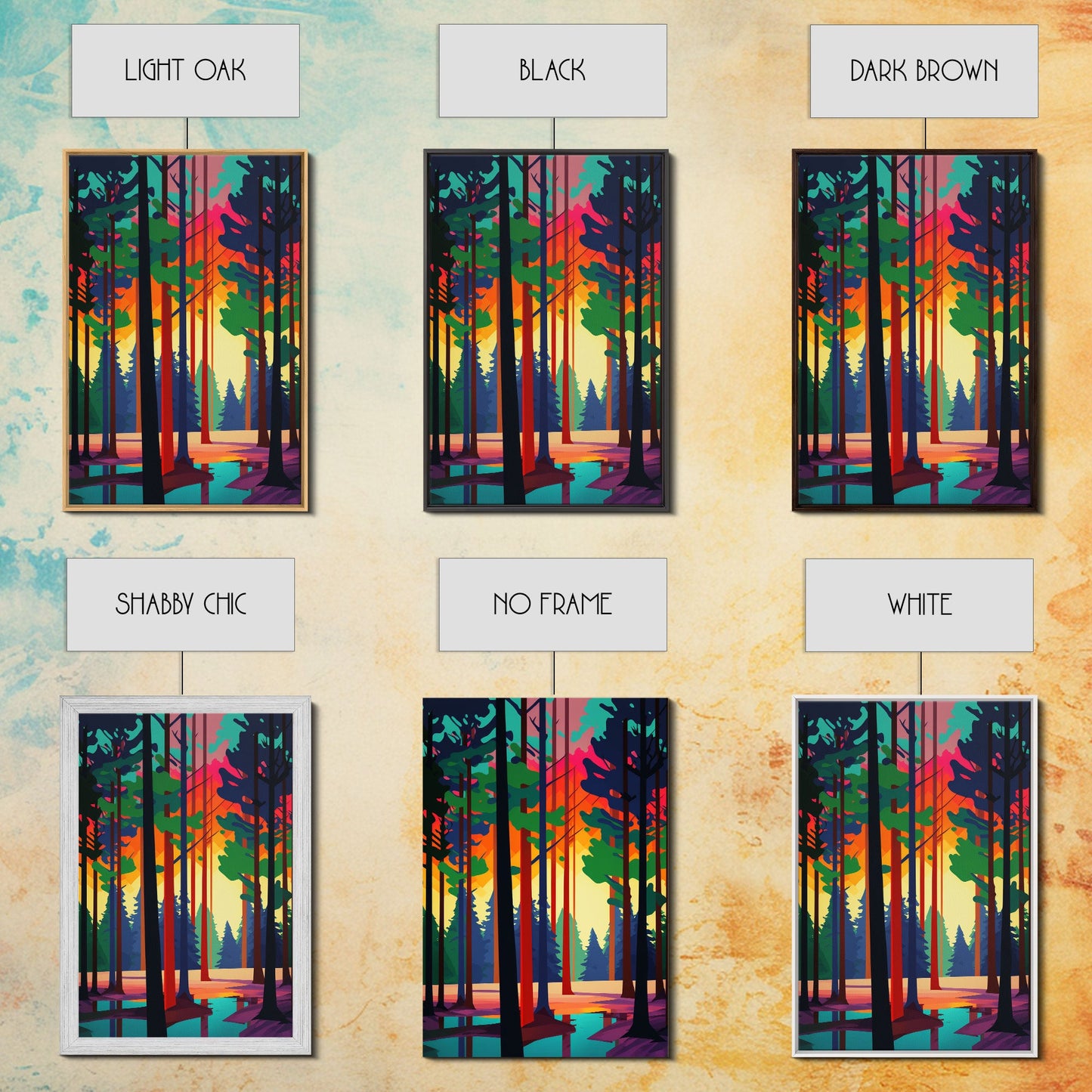 Silhouette Forest Landscape, Framed Canvas Print, Pop Art Minimalist Landscape Art