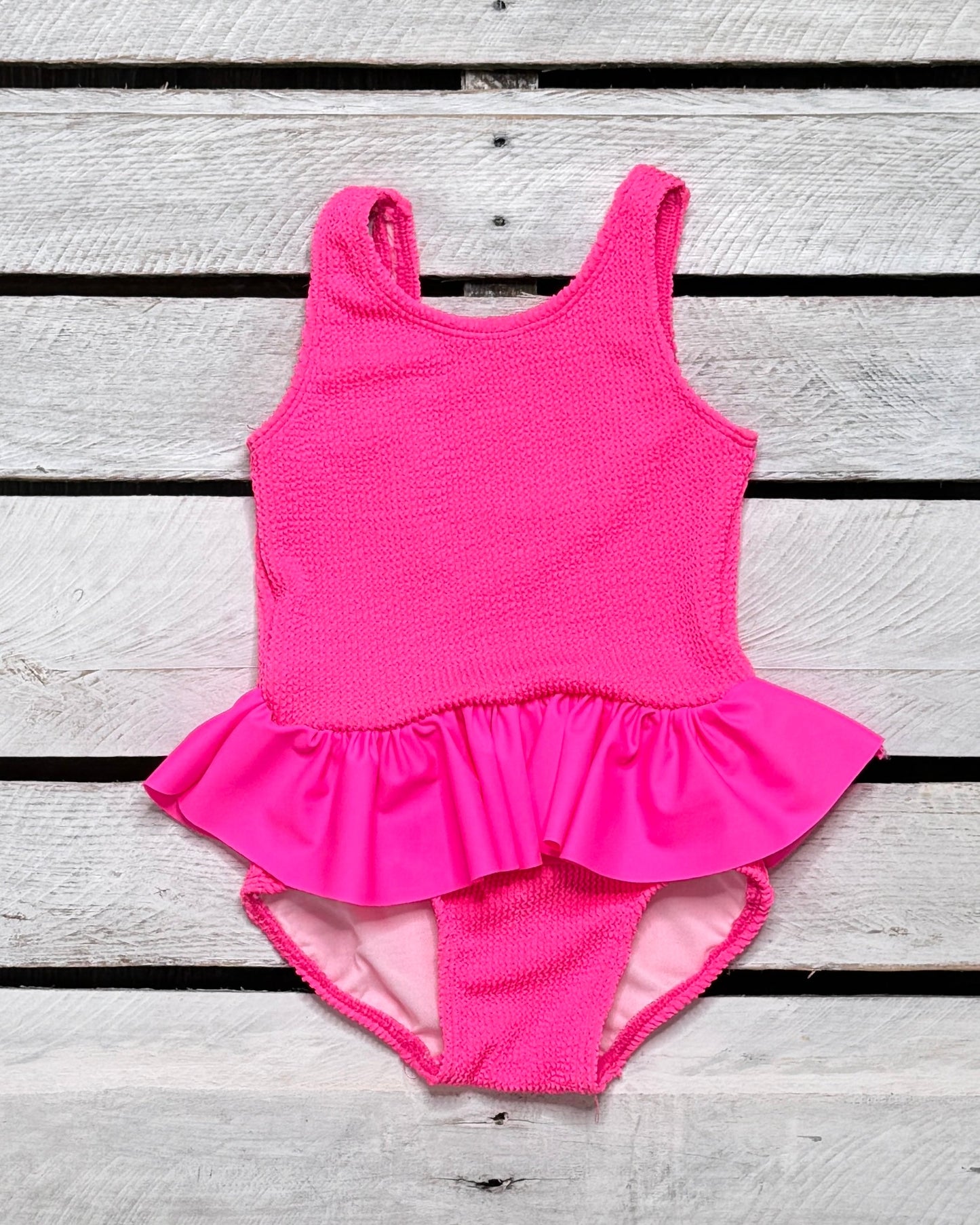 Mini Ruffle Girls Skirted Swimsuit in Hot Neon Pink