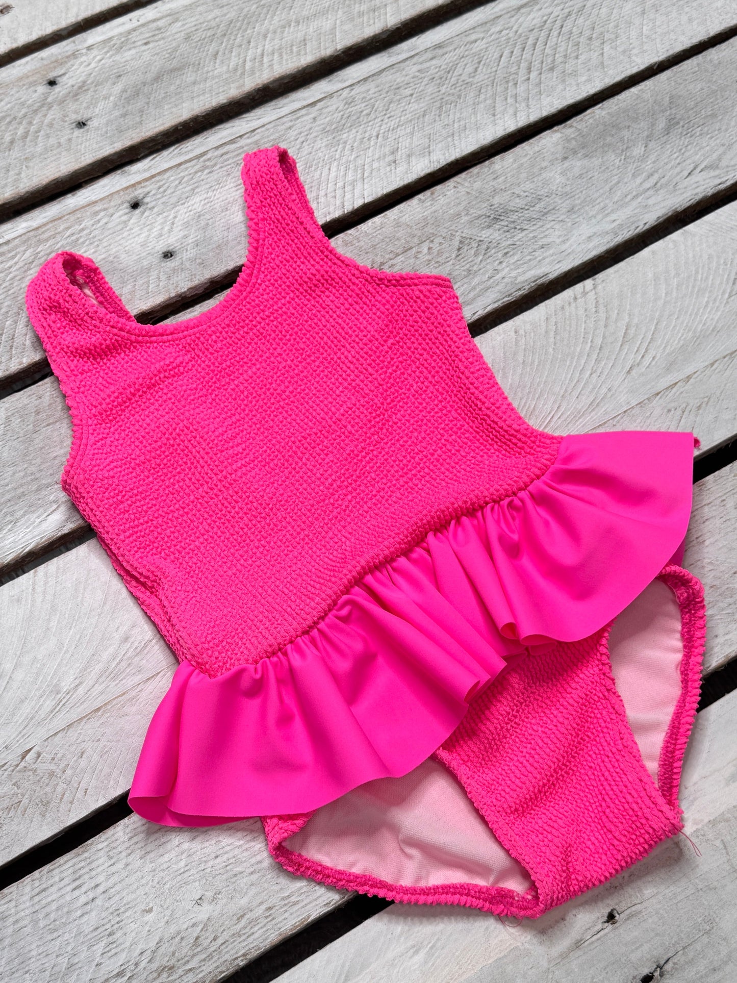 Mini Ruffle Girls Skirted Swimsuit in Hot Neon Pink