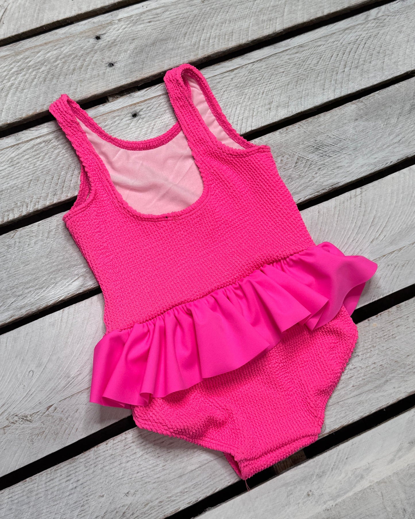 Mini Ruffle Girls Skirted Swimsuit in Hot Neon Pink