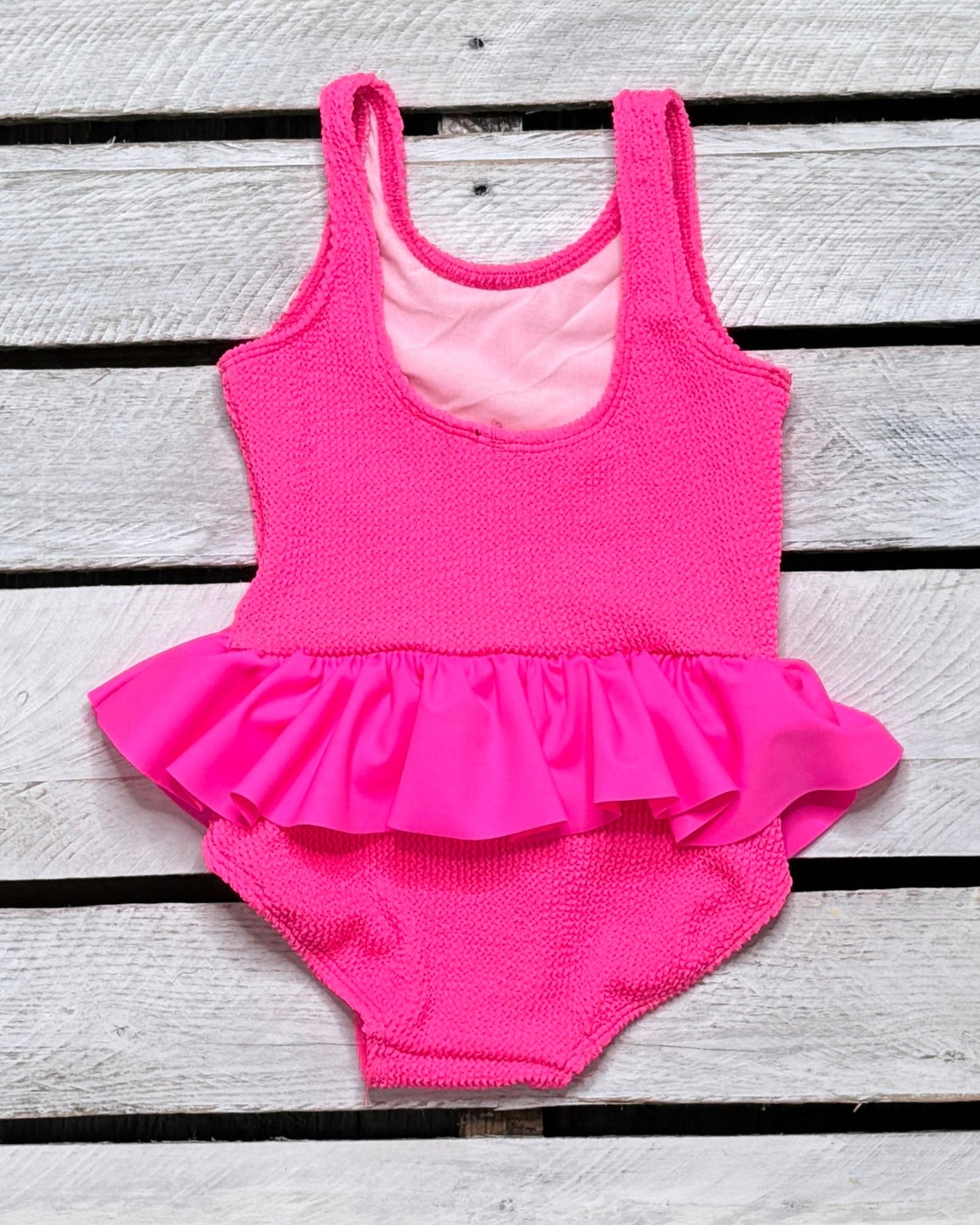 Mini Ruffle Girls Skirted Swimsuit in Hot Neon Pink
