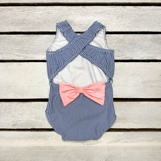 Coastal Seersucker Girls Criss Cross Open Back Swimsuit