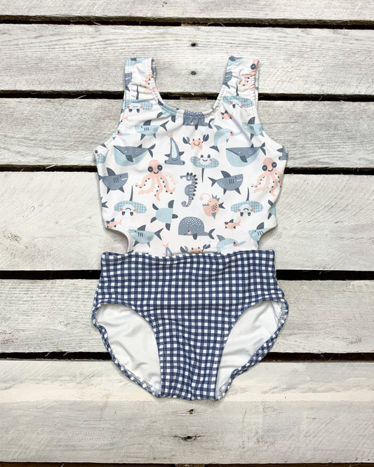 Sea Life Gingham Cutout Swimsuit With Bow