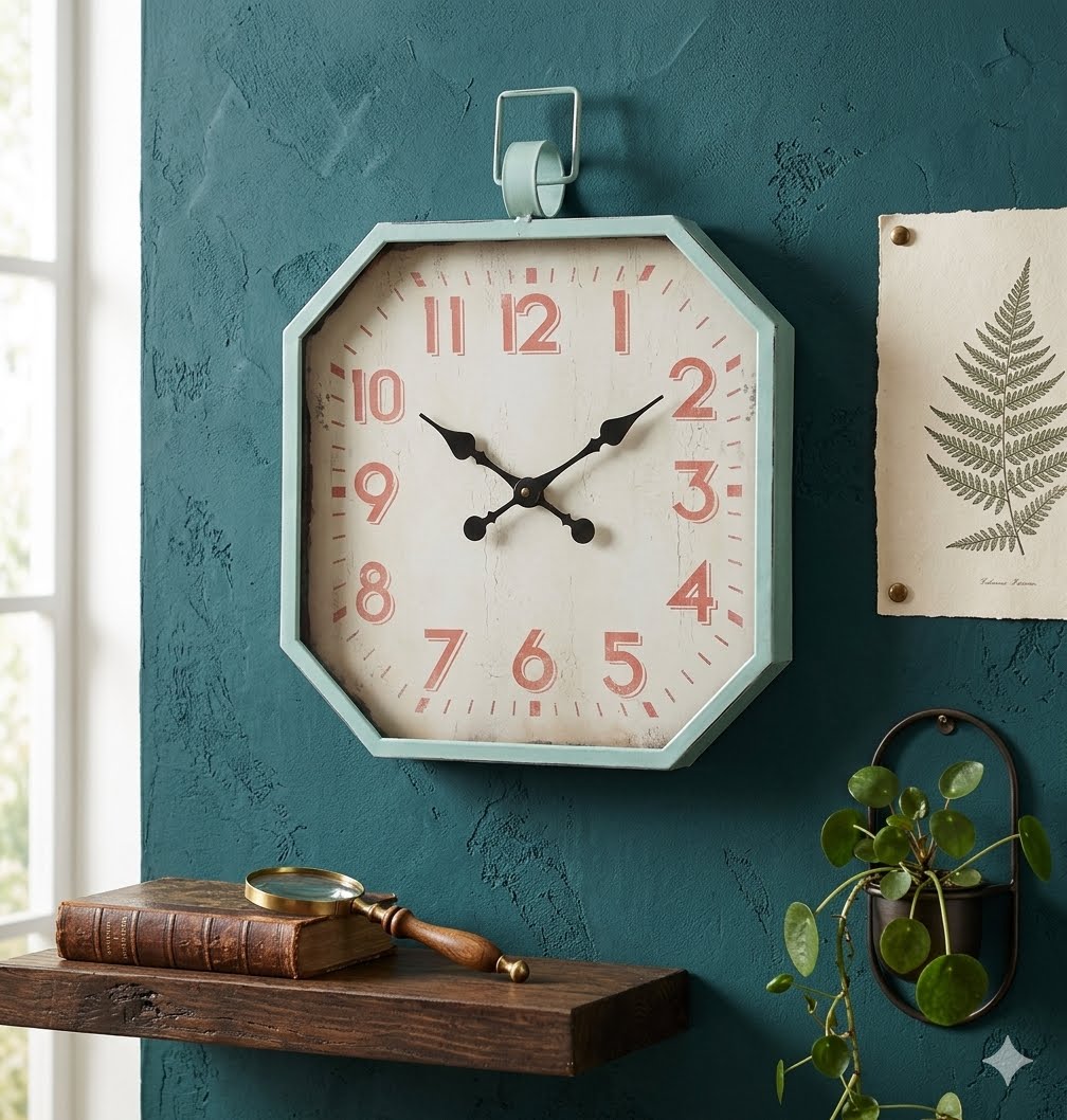 Vintage Style Coastal Octagonal Large 30" Teal/Turquoise Distressed Wall Clock