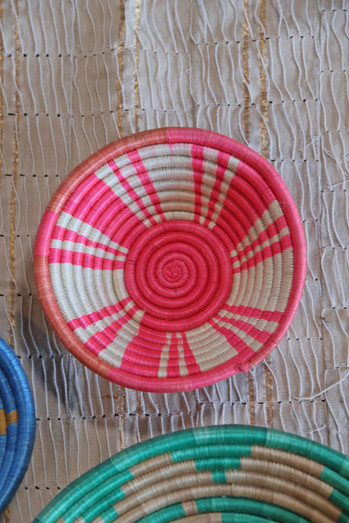 Lizzie African Basket Collection, Teal, Pink, Blue, from Rwanda, Set of 3