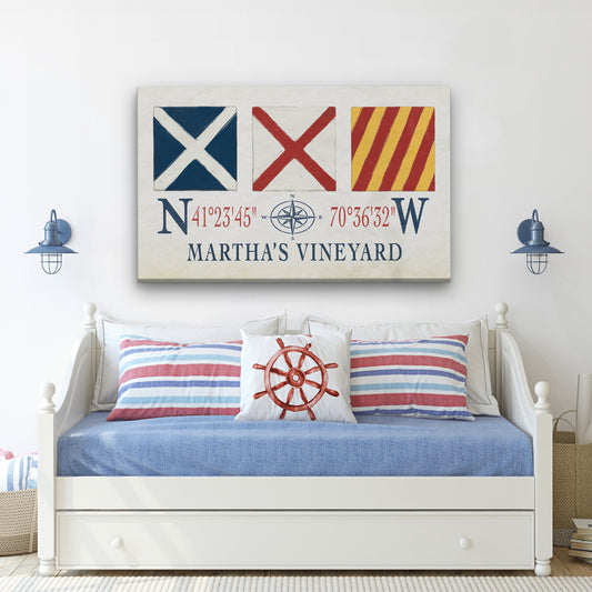 Marthas Vineyard Canvas Print - Nautical Signal Flags & Coordinates