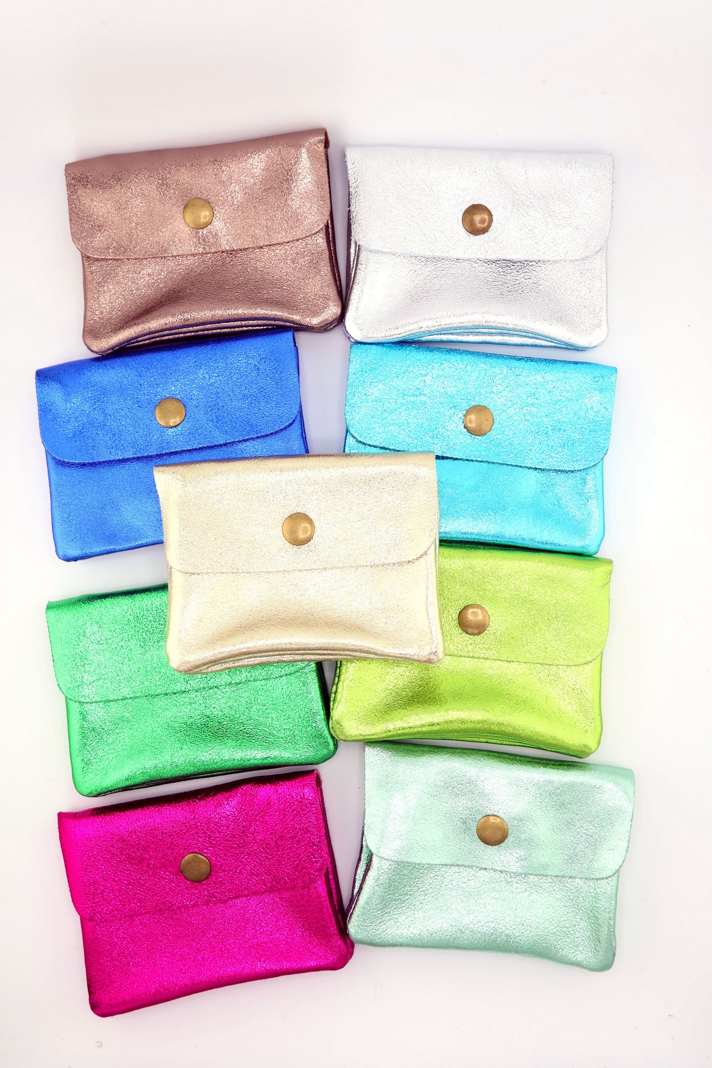 Metallic Italian Leather Coin Purse, 3 Compartments, Zipper Pocket