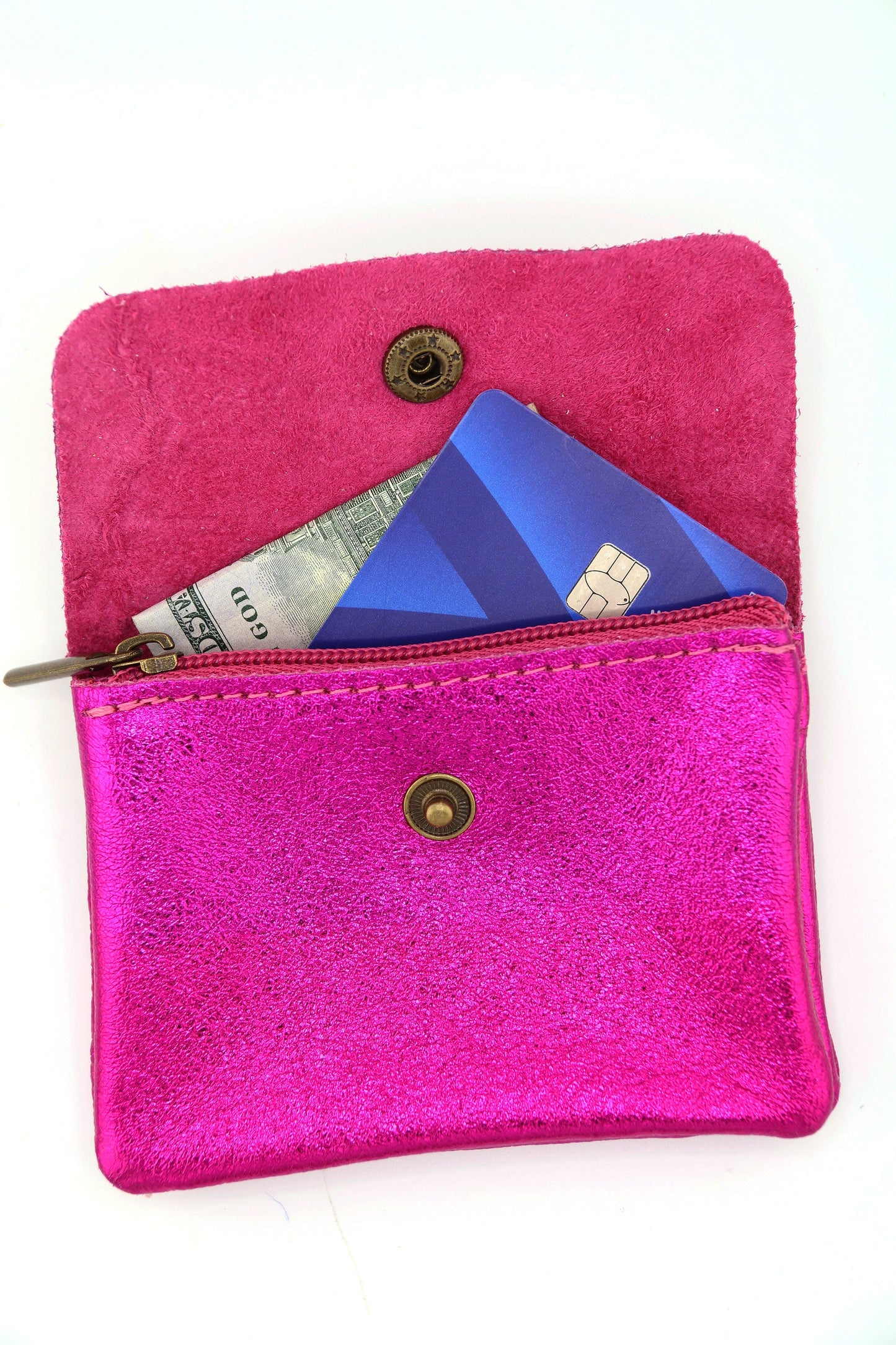 Metallic Italian Leather Coin Purse, 3 Compartments, Zipper Pocket
