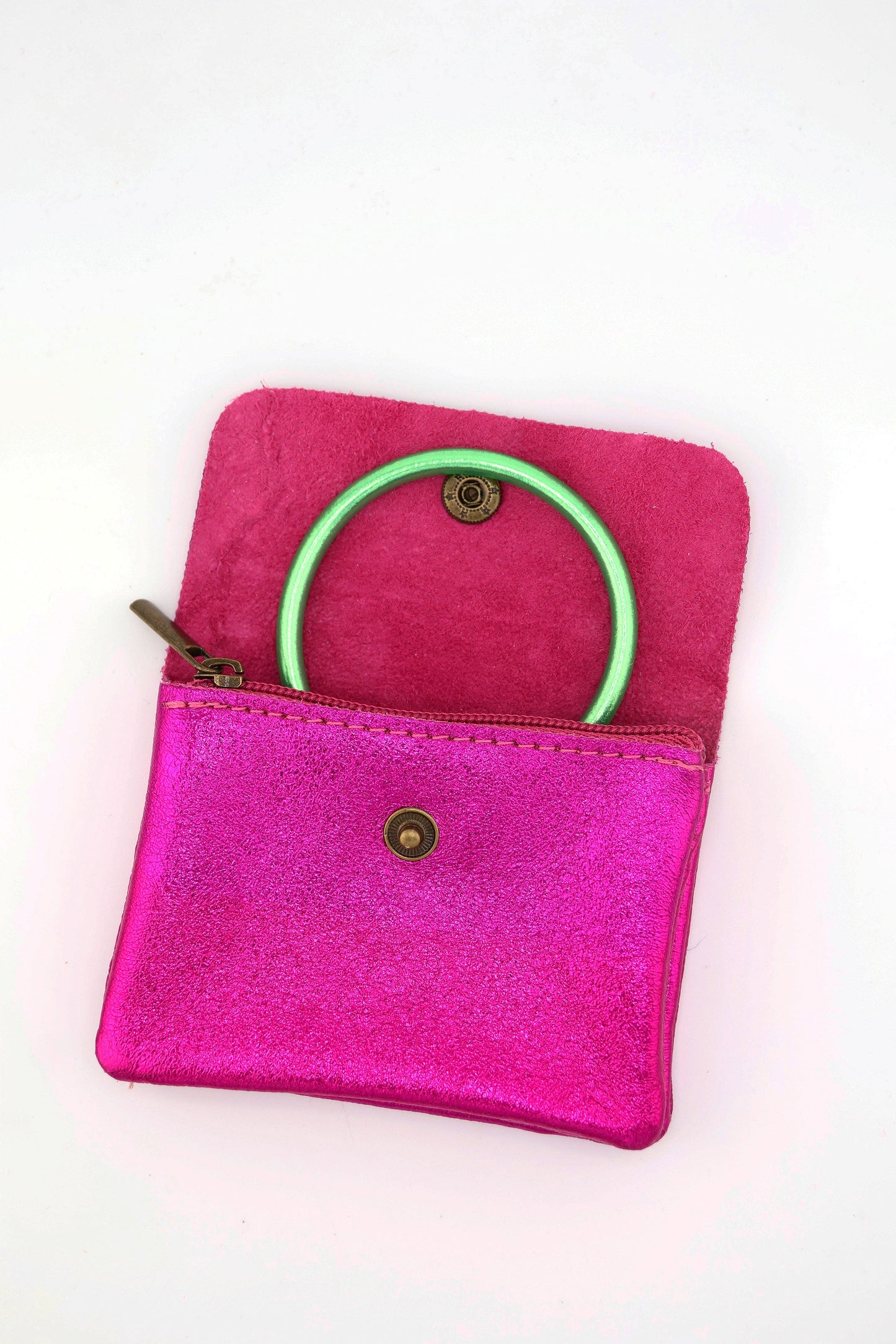 Metallic Italian Leather Coin Purse, 3 Compartments, Zipper Pocket