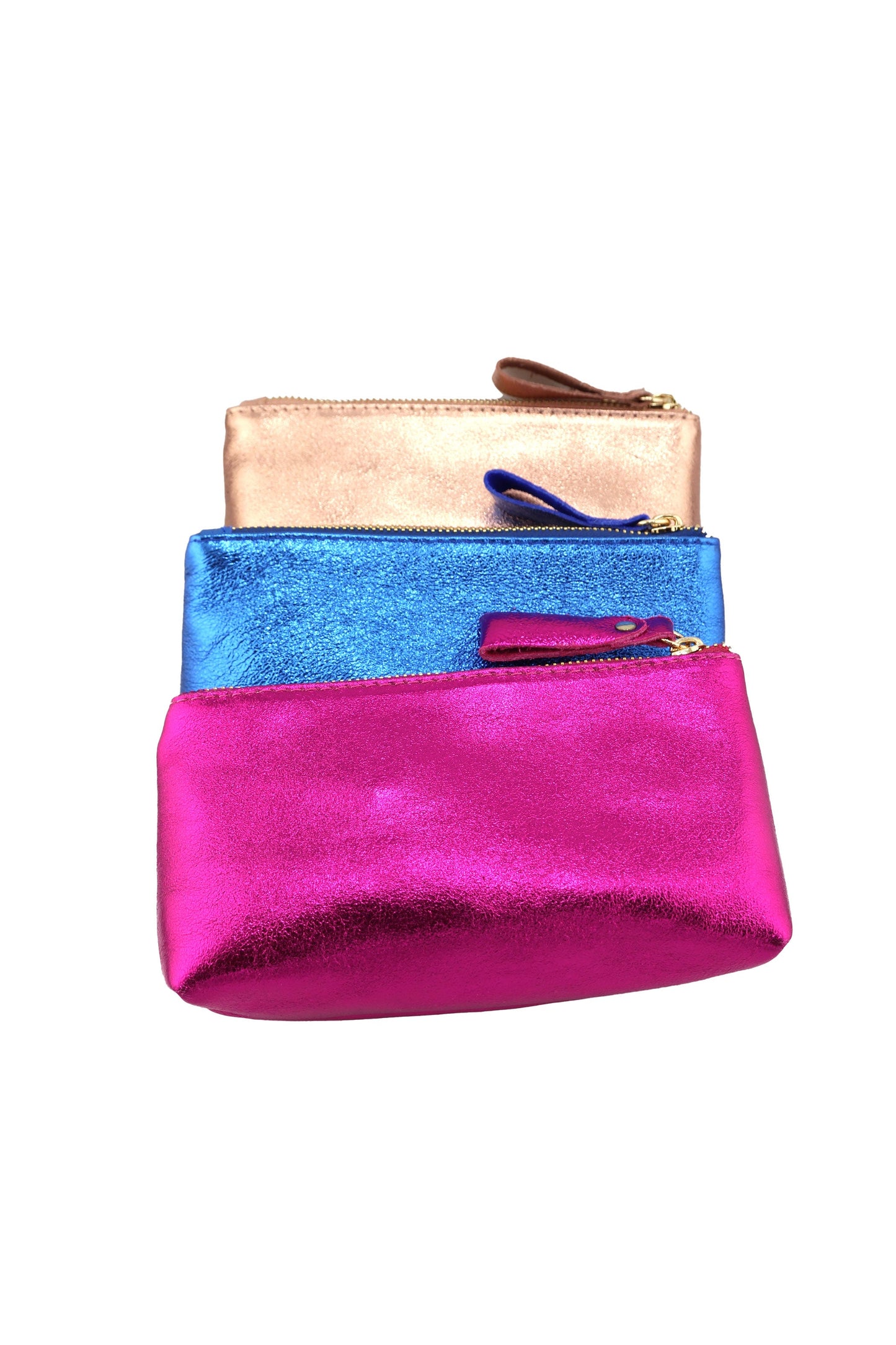 Midi Metallic Italian Leather Zipper Pouch, Purse, 7.5" Soft Real Leather, Assorted Colors