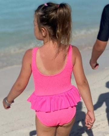 Mini Ruffle Girls Skirted Swimsuit in Hot Neon Pink