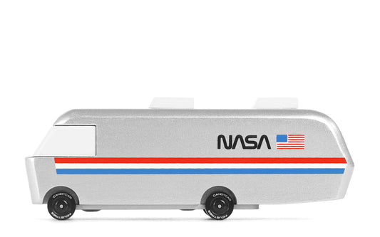Model of a NASA vehicle with the agency's logo on a white background