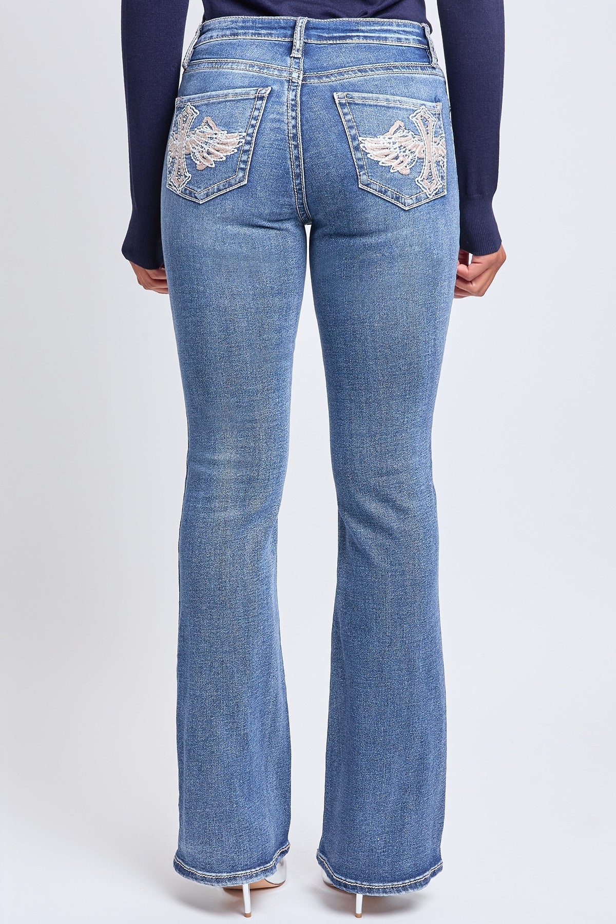 Women's Mid Rise Heavy Stitch Bootcut Cross Studded Jeans