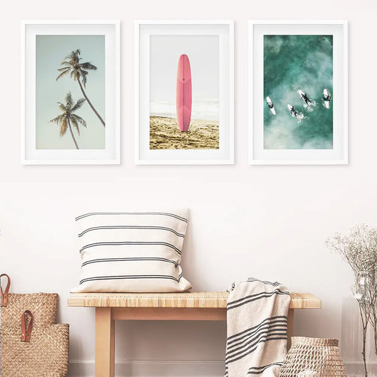 Pink Surfboard Wall Art. Pastel Beach, Waves, Tropical Palms